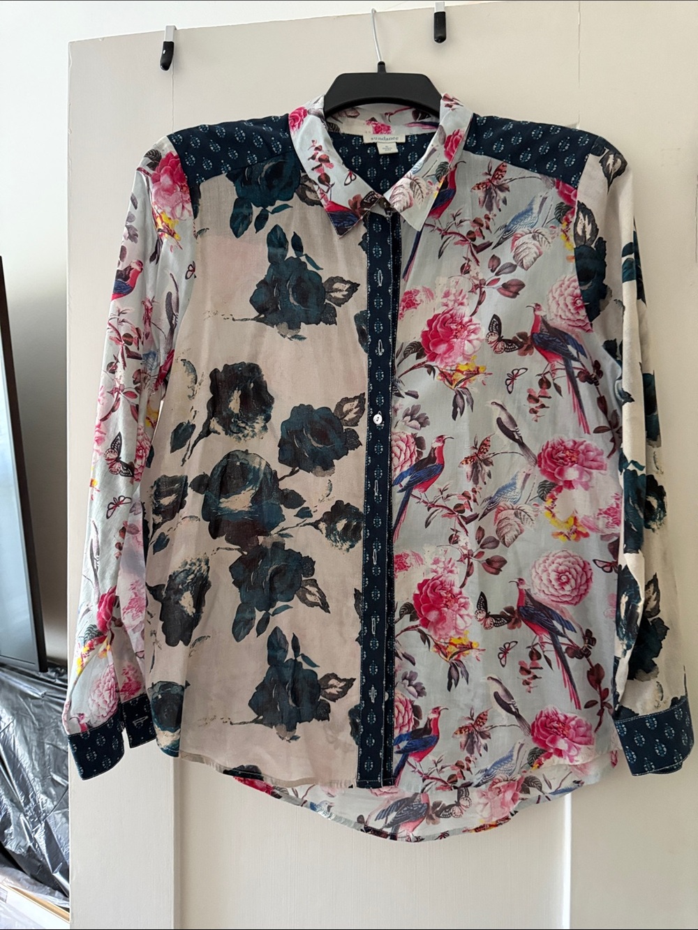 Sundance Multicolored Floral & Bird Button-Up Blouse — Navy Trim